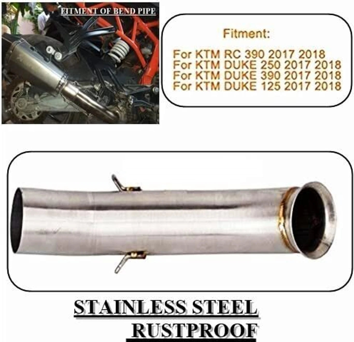 BRXR Bike Stainless Steel Slip-On Exhaust Bend Pipe for KTM Duke 200, Duke 390, RC 390, Duke RC 200 Slip-on Exhaust System (Stainless Steel)