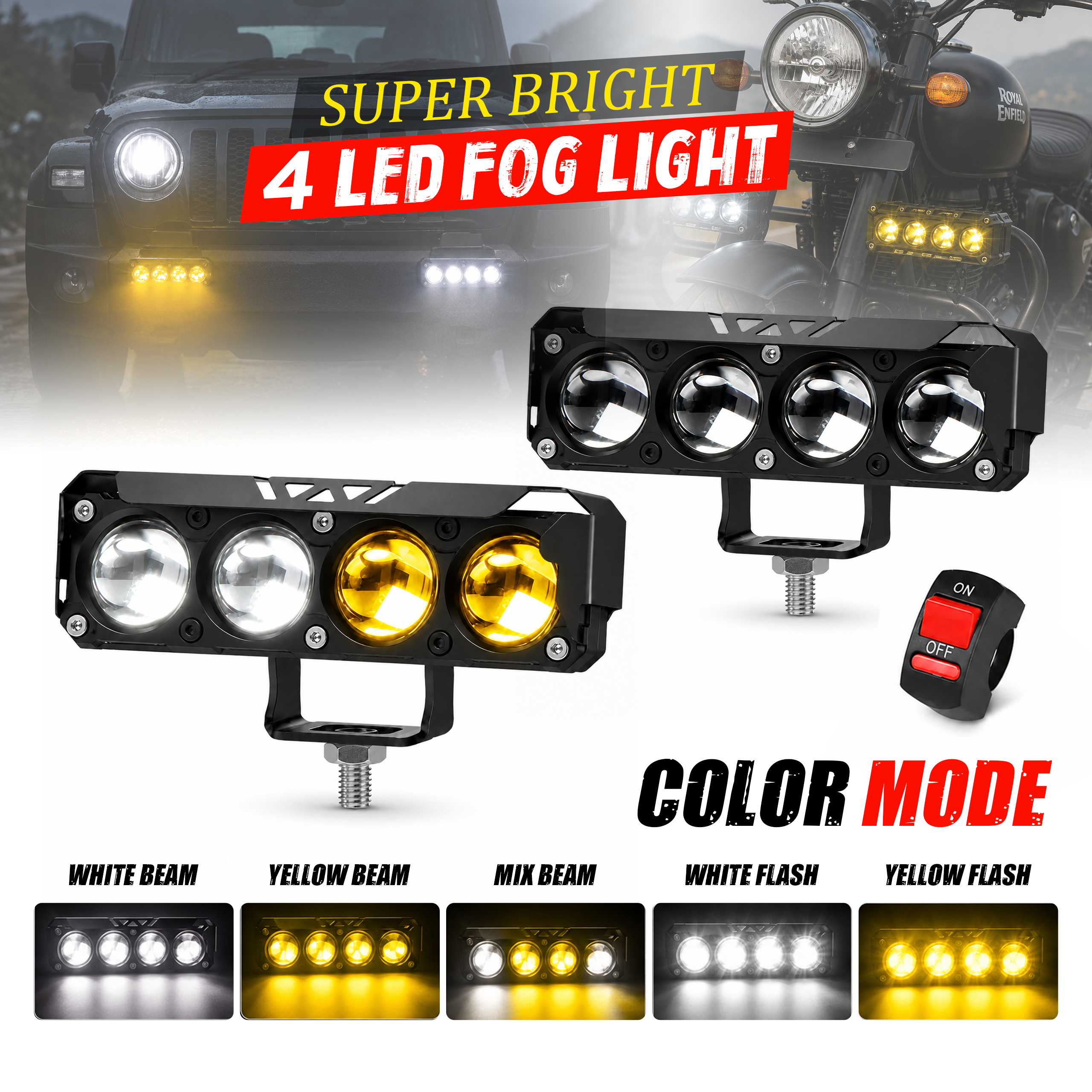 MIKANIX 1 YEAR WARRANTY Super Bright 4 LED Fog Light Switch I 4 Mode Changing Light With Flashing I High/Low Beam I Aluminium Body Fog Light Universal Fit for Motercycle & Car