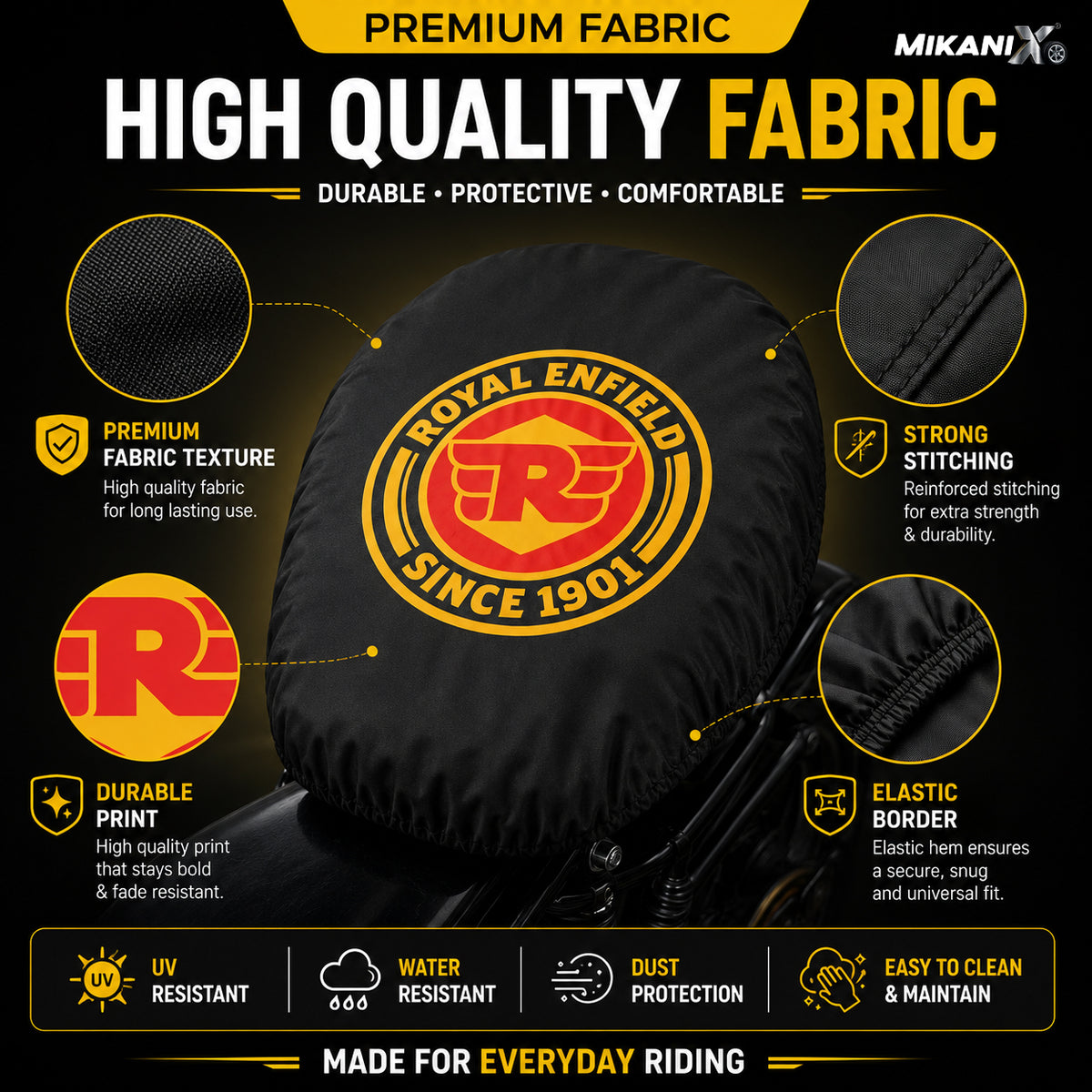 MIKANIX Royal Enfield Bike Tank Cover | Fuel Tank Protector | Premium Nylon | Black Strap Royal Enfield Universal For Bike Bike Tank Cover