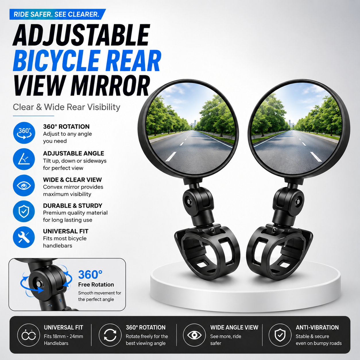 MIKANIX Bicycle Wide Angle Rear View Mirror | 360° Adjustable & Rotatable Design Convex Lens Mirror Universal For Cycle & Bike