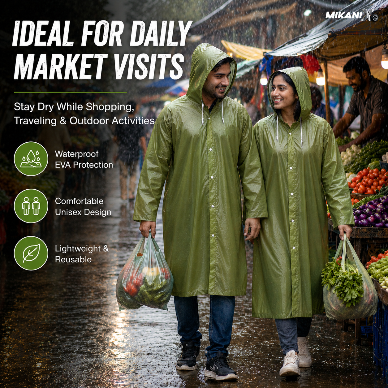 MIKANIX Waterproof Hooded Raincoat for Men & Women | Full Length Reusable PVC Rain Wear | Lightweight Windproof Rain Jacket with Front Button Closure (Pack of 1)
