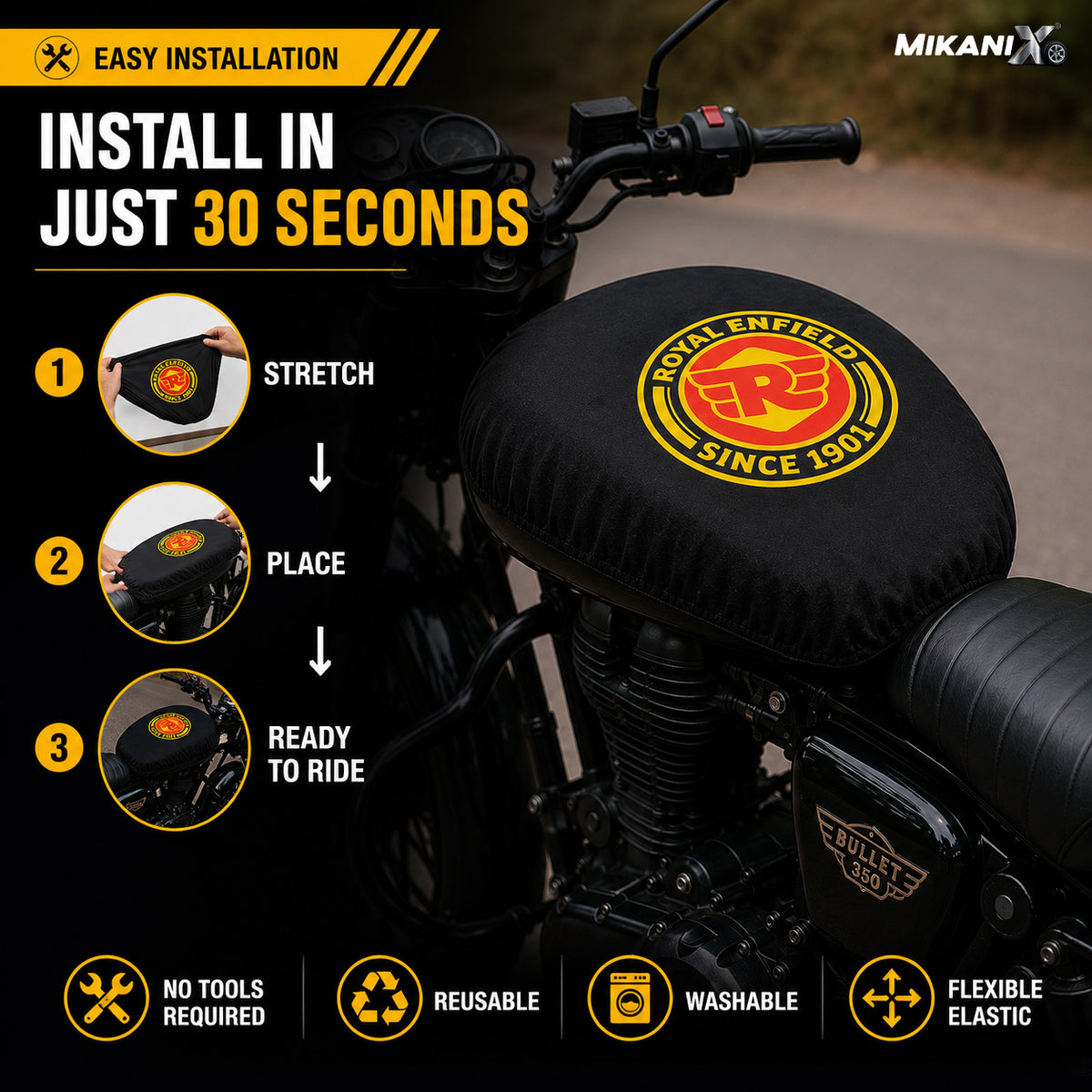 MIKANIX Royal Enfield Bike Tank Cover | Fuel Tank Protector | Premium Nylon | Black Strap Royal Enfield Universal For Bike Bike Tank Cover