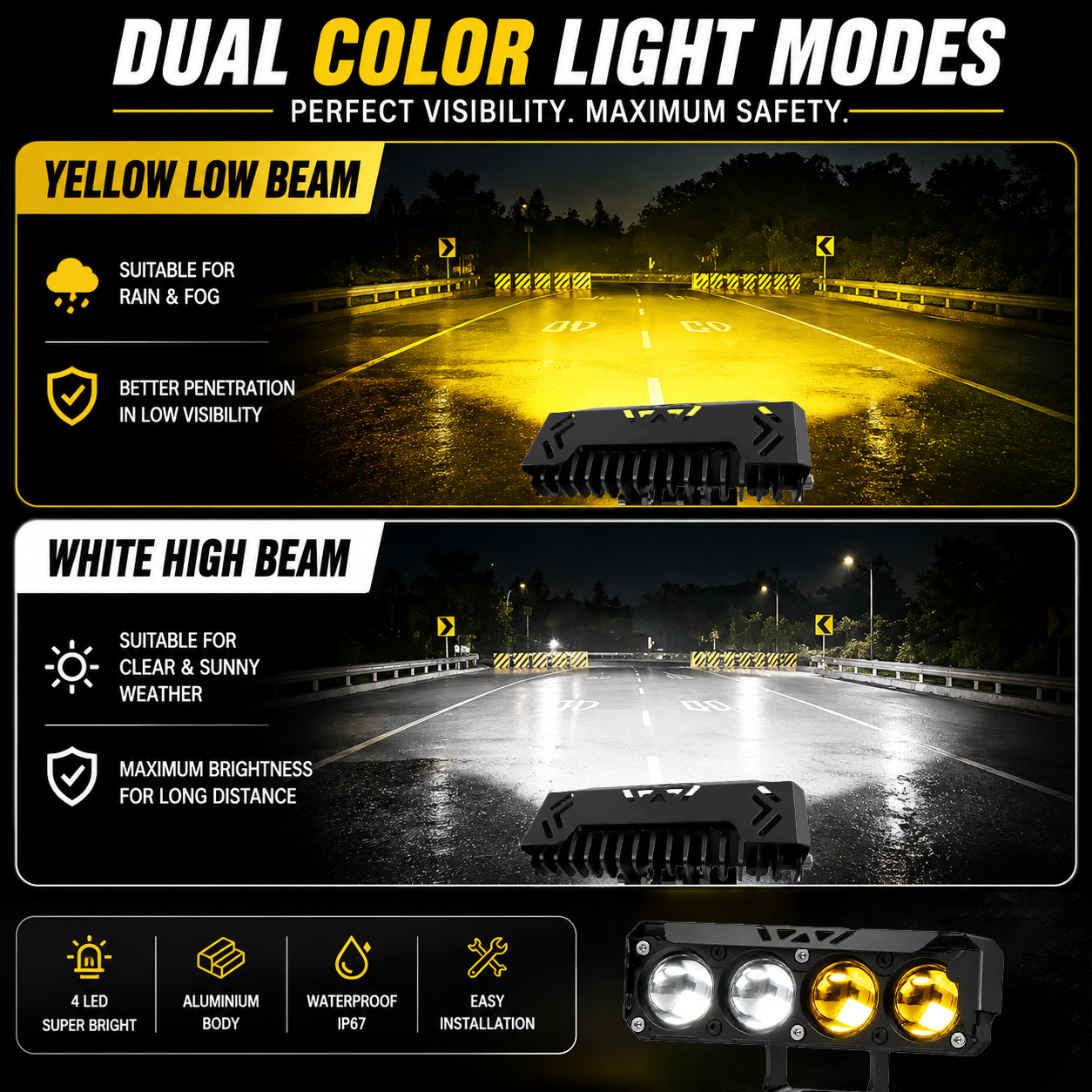 MIKANIX 1 YEAR WARRANTY Super Bright 4 LED Fog Light Switch I 4 Mode Changing Light With Flashing I High/Low Beam I Aluminium Body Fog Light Universal Fit for Motercycle & Car