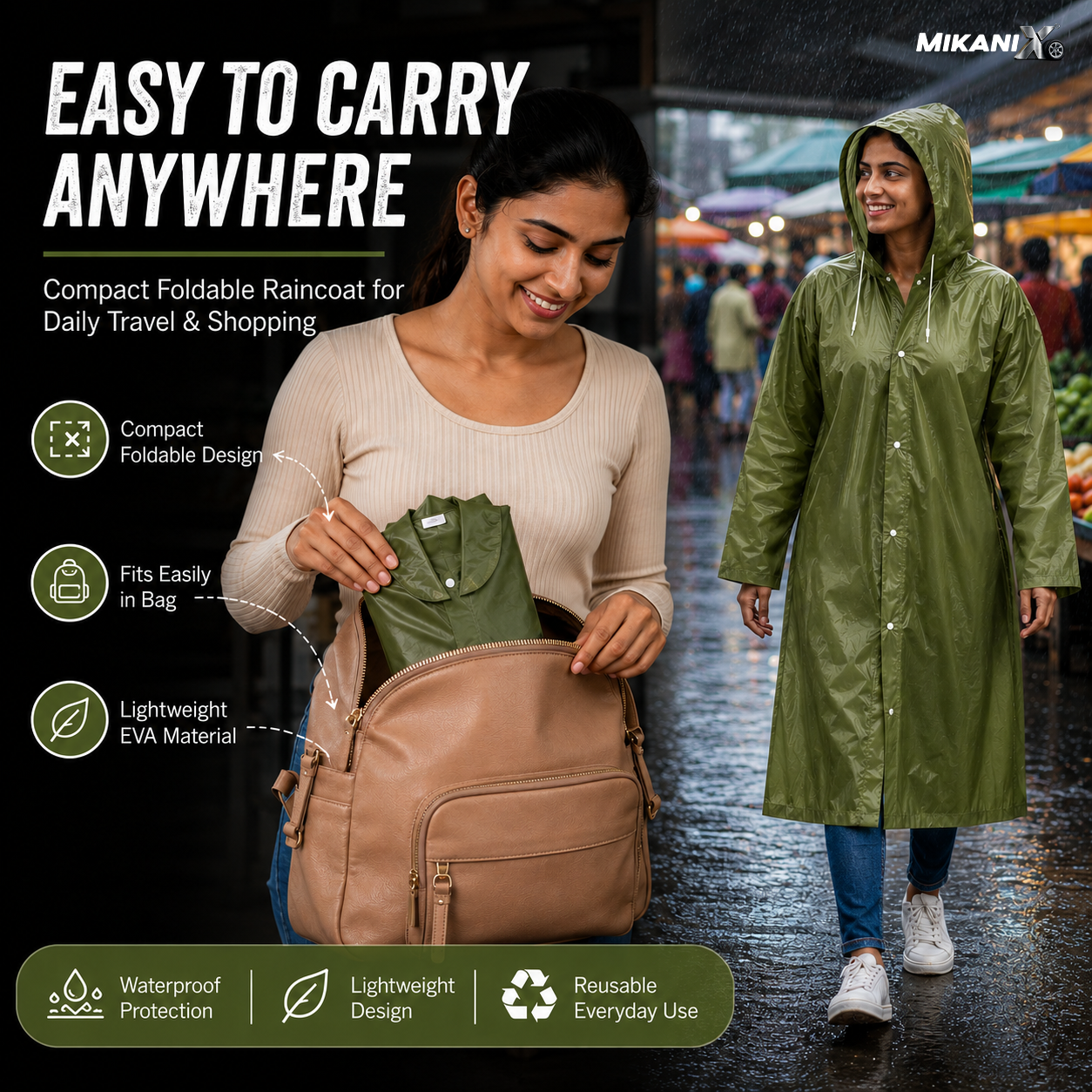 MIKANIX Waterproof Hooded Raincoat for Men & Women | Full Length Reusable PVC Rain Wear | Lightweight Windproof Rain Jacket with Front Button Closure (Pack of 1)