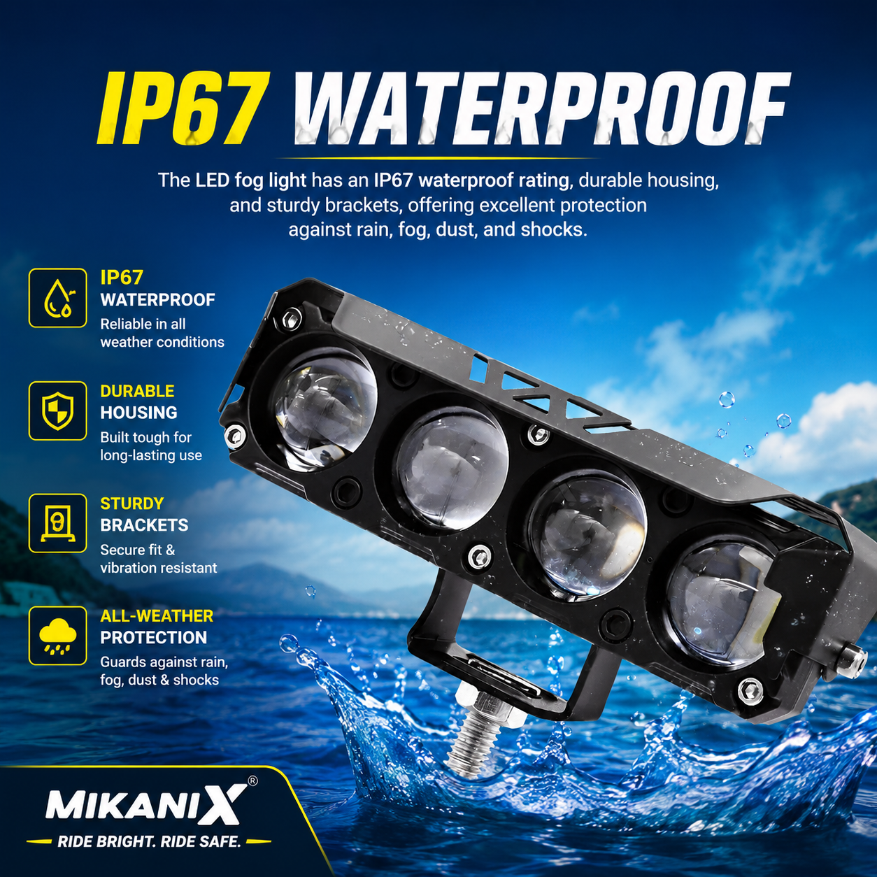 MIKANIX 1 YEAR WARRANTY Super Bright 4 LED Fog Light Switch I 4 Mode Changing Light With Flashing I High/Low Beam I Aluminium Body Fog Light Universal Fit for Motercycle & Car