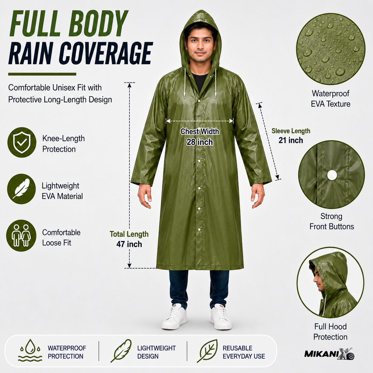 MIKANIX Waterproof Hooded Raincoat for Men & Women | Full Length Reusable PVC Rain Wear | Lightweight Windproof Rain Jacket with Front Button Closure (Pack of 1)