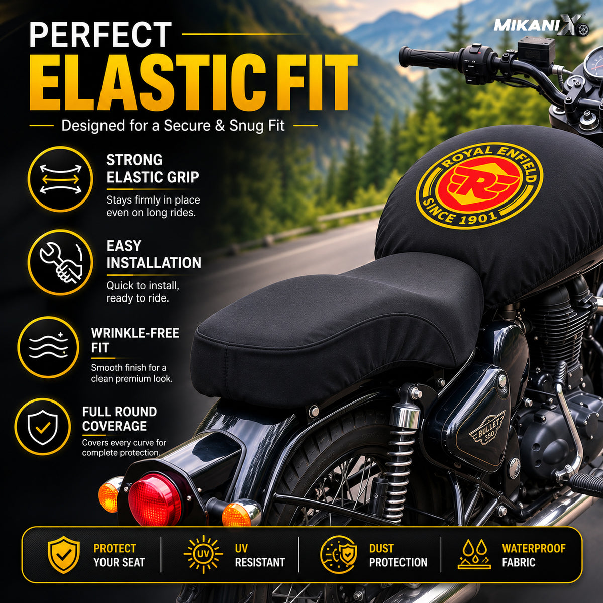 MIKANIX Royal Enfield Bike Tank Cover | Fuel Tank Protector | Premium Nylon | Black Strap Royal Enfield Universal For Bike Bike Tank Cover