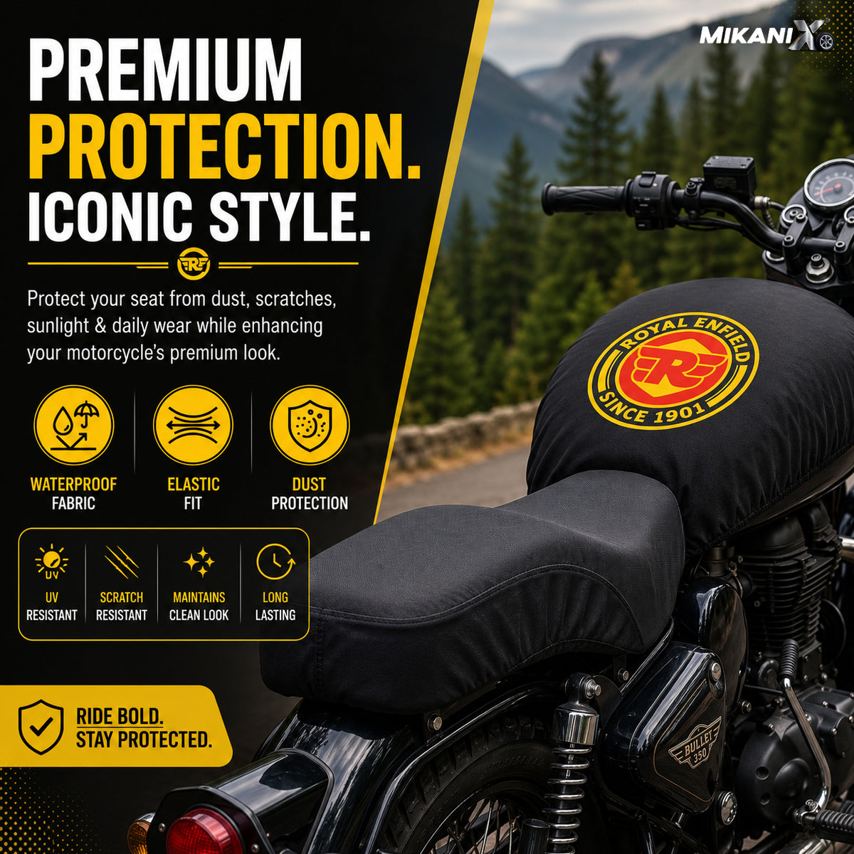 MIKANIX Royal Enfield Bike Tank Cover | Fuel Tank Protector | Premium Nylon | Black Strap Royal Enfield Universal For Bike Bike Tank Cover