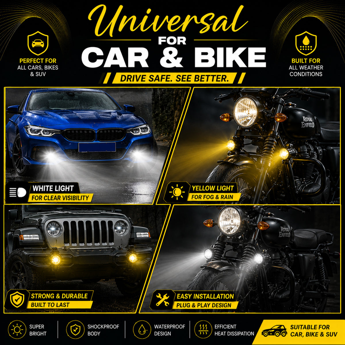 MIKANIX Super Bright LED Fog Light Lamp | Spot Light With Dual Color White/Yellow | High & Low Beam For Car, Bike, Scooty & ATVs