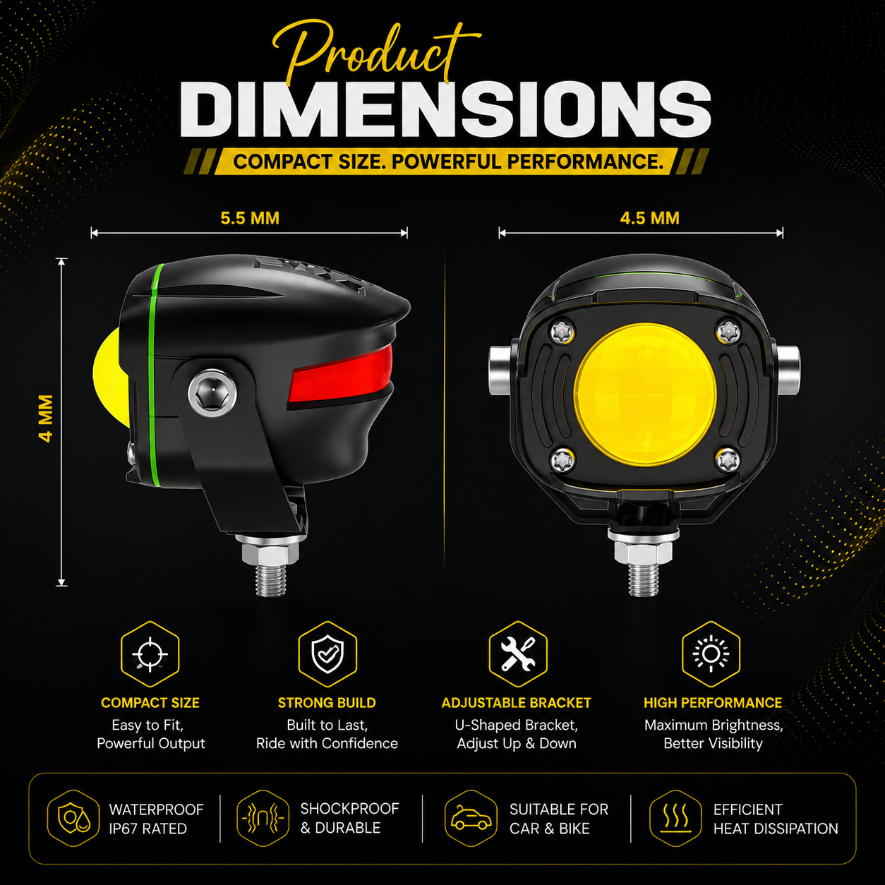 MIKANIX Super Bright LED Fog Light Lamp | Spot Light With Dual Color White/Yellow | High & Low Beam For Car, Bike, Scooty & ATVs