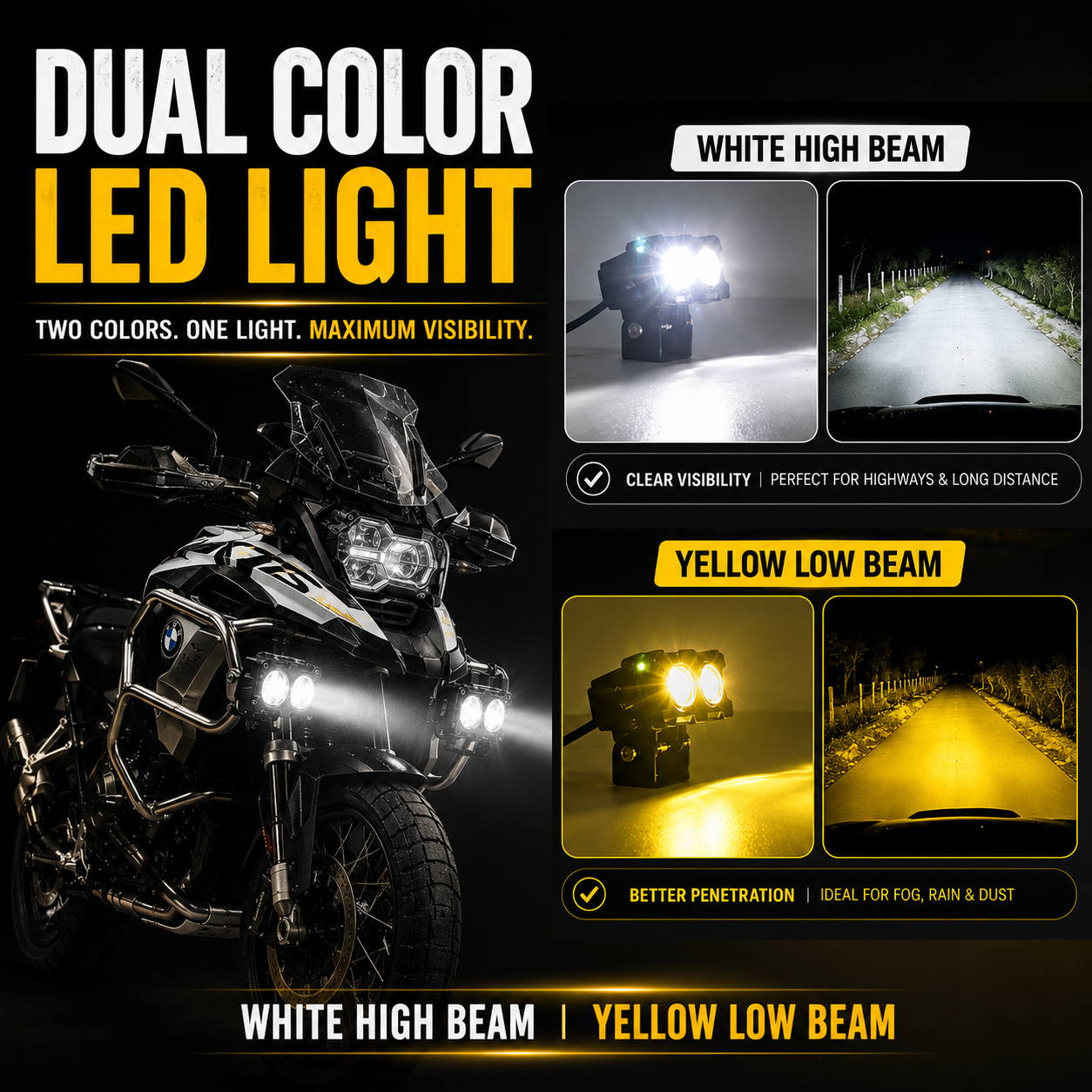 MIKANIX Super Bright LED Fog Light Lens Projector With HD Lens Dual Color White | Yellow With High & Low Beam For All Motorbike, Scooty & ATVs
