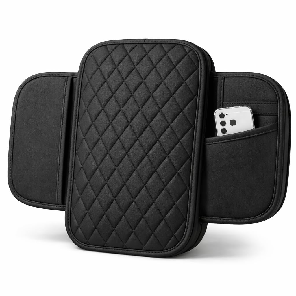 MIKANIX  Premium Car Seat Arm Rest Pad | PU Leather Center Console Cushion with Dual Phone Pockets | Arm Support & Seat Box Protector | Universal Fit for SUV, Truck, Car
