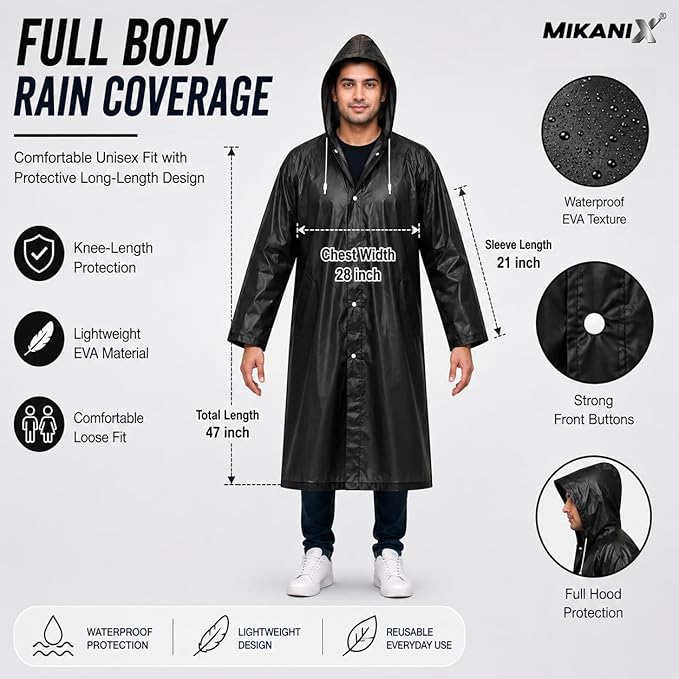 MIKANIX Waterproof Hooded Raincoat for Men & Women | Full Length Reusable PVC Rain Wear | Lightweight Windproof Rain Jacket with Front Button Closure & Pockets