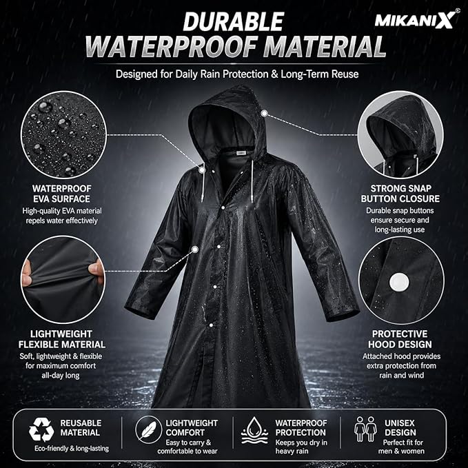 MIKANIX Waterproof Hooded Raincoat for Men & Women | Full Length Reusable PVC Rain Wear | Lightweight Windproof Rain Jacket with Front Button Closure & Pockets