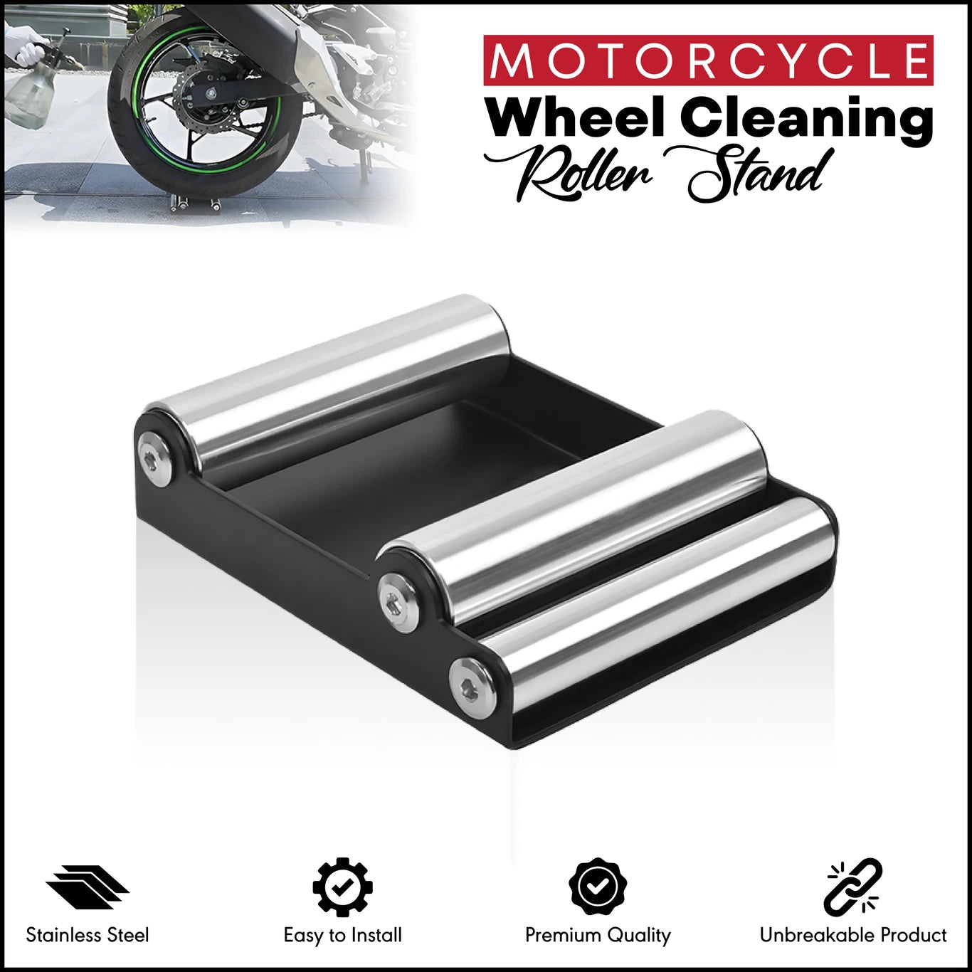 BRXR Premium Stainless Steel Motorcycle Wheel Cleaning Roller Stand Bike Storage Stand (Floor Mount)