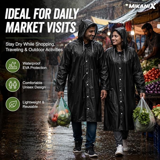 MIKANIX Waterproof Hooded Raincoat for Men & Women | Full Length Reusable PVC Rain Wear | Lightweight Windproof Rain Jacket with Front Button Closure & Pockets