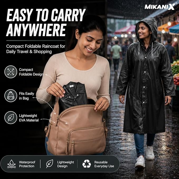 MIKANIX Waterproof Hooded Raincoat for Men & Women | Full Length Reusable PVC Rain Wear | Lightweight Windproof Rain Jacket with Front Button Closure & Pockets