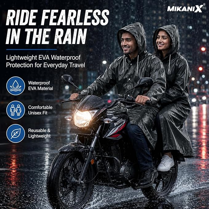 MIKANIX Waterproof Hooded Raincoat for Men & Women | Full Length Reusable PVC Rain Wear | Lightweight Windproof Rain Jacket with Front Button Closure & Pockets