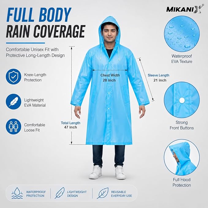 MIKANIX Waterproof Hooded Raincoat for Men & Women | Full Length Reusable PVC Rain Wear | Lightweight Windproof Rain Jacket with Front Button Closure & Pockets