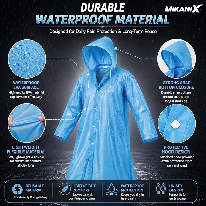 MIKANIX Waterproof Hooded Raincoat for Men & Women | Full Length Reusable PVC Rain Wear | Lightweight Windproof Rain Jacket with Front Button Closure & Pockets
