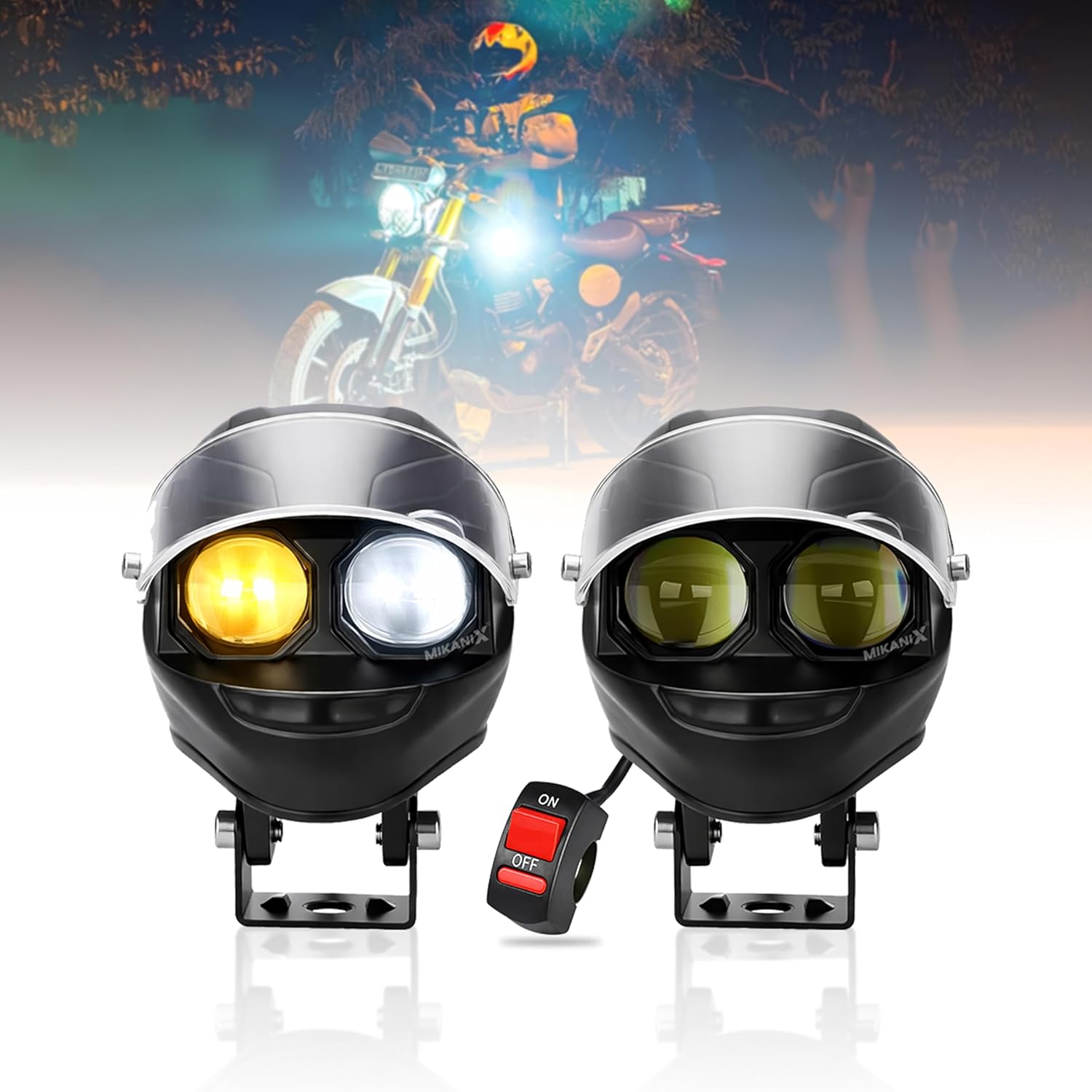 MIKANIX Universal Motorcycle LED Fog Light Helmet Design | Dual Color White & Yellow | High/Low Beam | Waterproof Auxiliary Lamp for Bike & Scooter (Pack of 2)