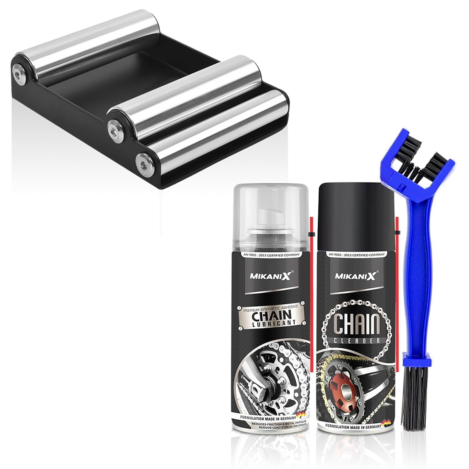 MIKANIX Chain Care Combo for Motorcycles | Chain Cleaner, Chain Lubricant | Cleaning Brush with Paddock Wheel Roller | Complete Chain Cleaning Kit for All Bikes & Scooters