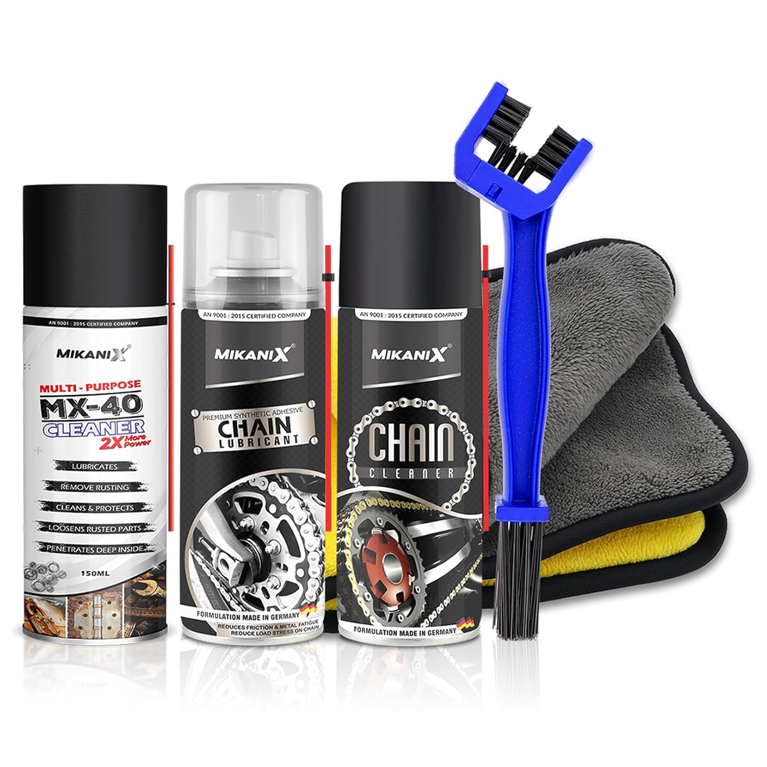 MIKANIX Bike Chain Cleaner & Lubricant Kit Combo | Motorcycle Chain Cleaner Spray, Chain Lube, MX-40 Rust Remover, Chain Cleaning Brush & Microfiber Cloth | For All Bikes & Scooters
