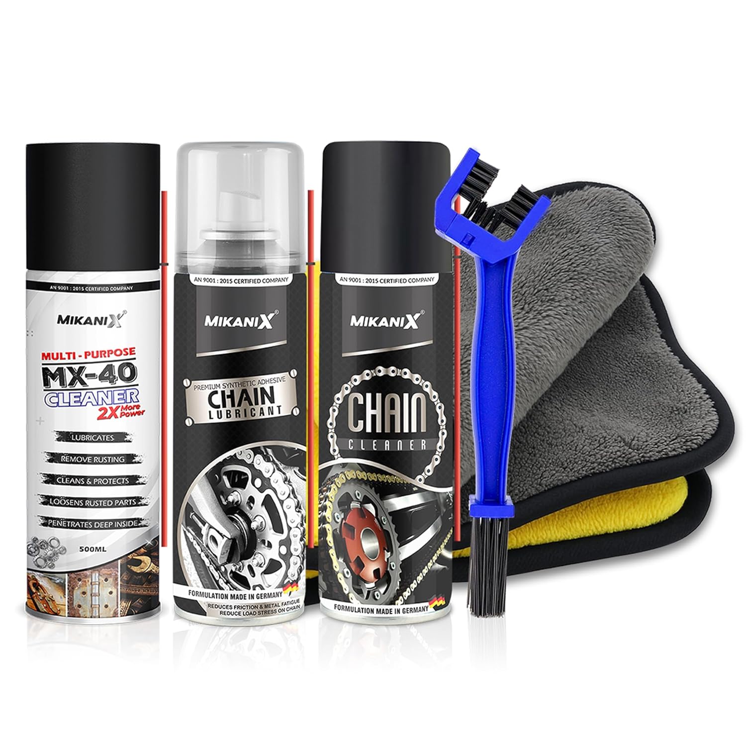 MIKANIX Bike Chain Cleaner & Lubricant Kit Combo | Motorcycle Chain Cleaner Spray, Chain Lube, MX-40 Rust Remover, Chain Cleaning Brush & Microfiber Cloth | For All Bikes & Scooters