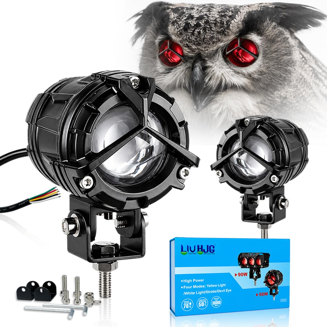 MIKANIX 1 YEAR WARRANTY Bike HJG 56W Led Fog Light Lens Projector | White, Yellow & Red Devil Eye | High & Low Dual Beam With Flashing Mode Universal For All Motorcycle, Car & Xuv's Pack Of 2