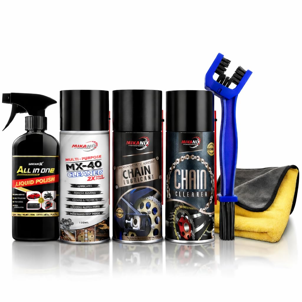 MIKANIX 6-in-1 Bike Care Kit - Liquid Polish, MX-40 Cleaner, Chain Lubricant, Chain Cleaner, Cleaning Brush & Microfiber Cloth (700ml)