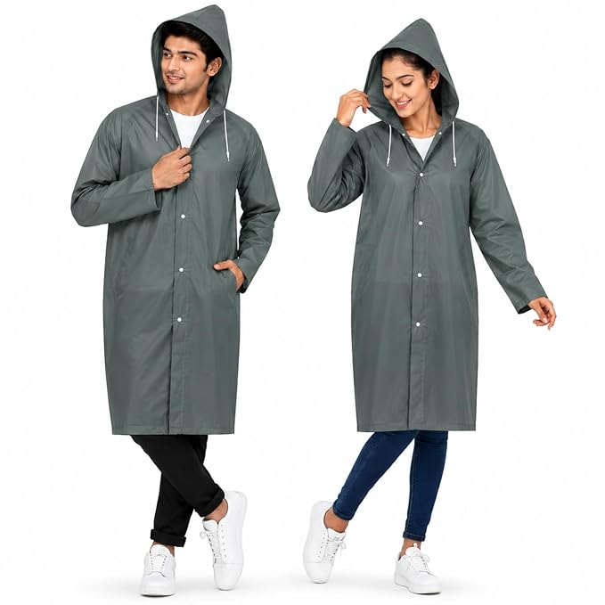 MIKANIX Waterproof Hooded Raincoat for Men & Women | Full Length Reusable PVC Rain Wear | Lightweight Windproof Rain Jacket with Front Button Closure & Pockets
