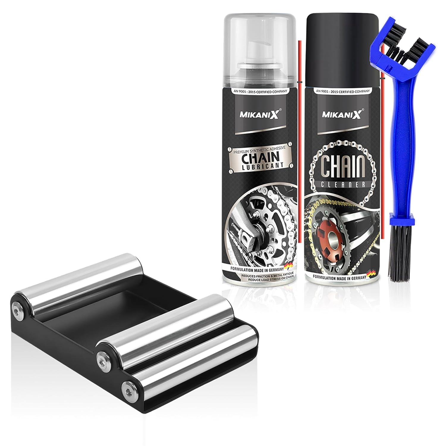 MIKANIX Chain Care Combo for Motorcycles | Chain Cleaner, Chain Lubricant | Cleaning Brush with Paddock Wheel Roller | Complete Chain Cleaning Kit for All Bikes & Scooters