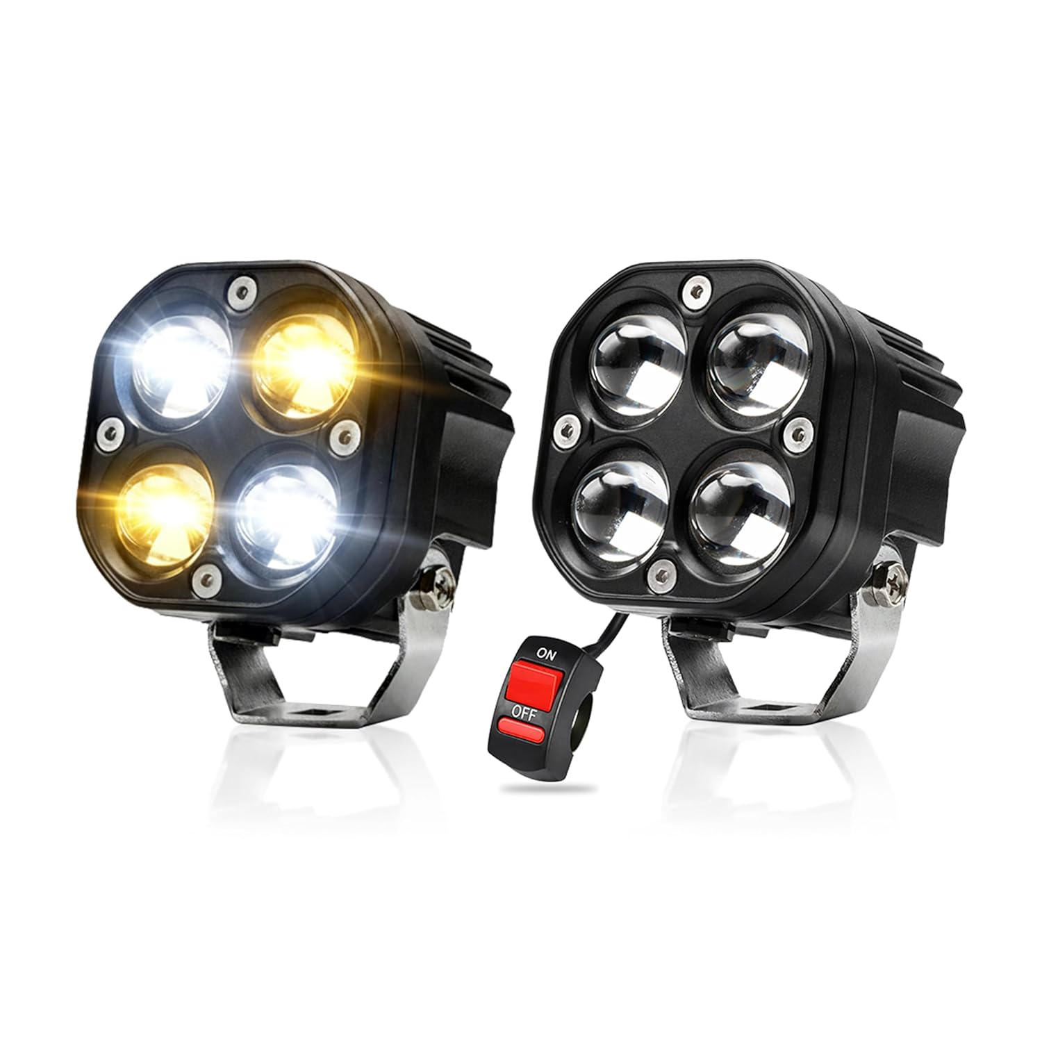 MIKANIX 4X4 LED Fog Light for Bike & Car | Dual Color White Yellow | High/Low Beam Lens Projector | Waterproof Auxiliary Lamp for Motorcycle, SUV, Offroad Vehicles (Pack of 2)