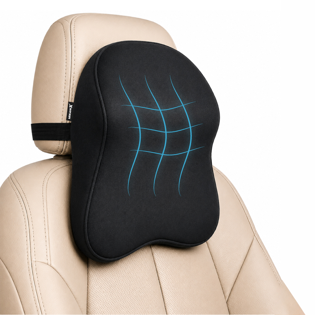Mikanix Car Neck Rest Pillow | Seat Cushion | 2 Years Warranty | Ultra Soft Memory Foam for Neck and Cervical Support to Relief Neck Pain & Reduced Tension (Velvet Beige (Pack of 1))