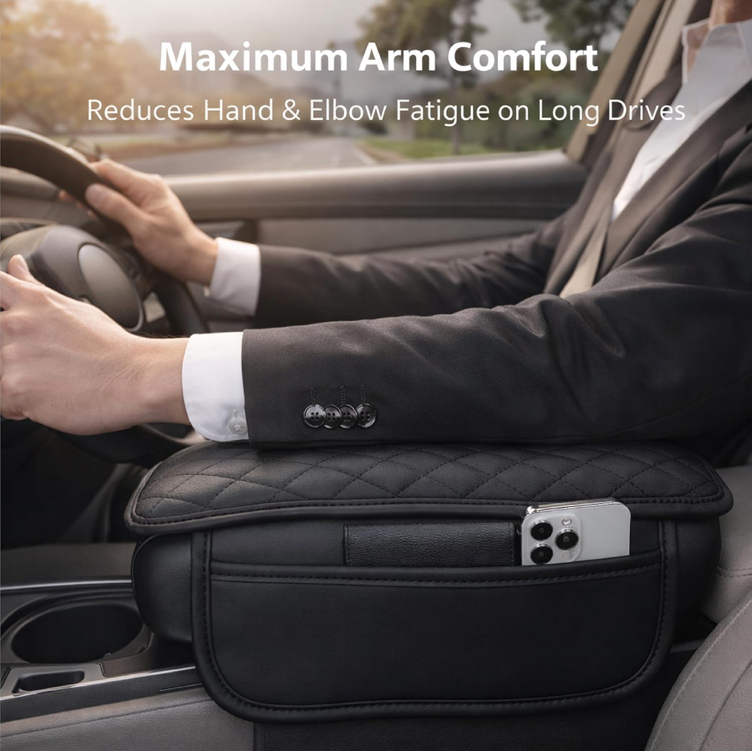 MIKANIX  Premium Car Seat Arm Rest Pad | PU Leather Center Console Cushion with Dual Phone Pockets | Arm Support & Seat Box Protector | Universal Fit for SUV, Truck, Car