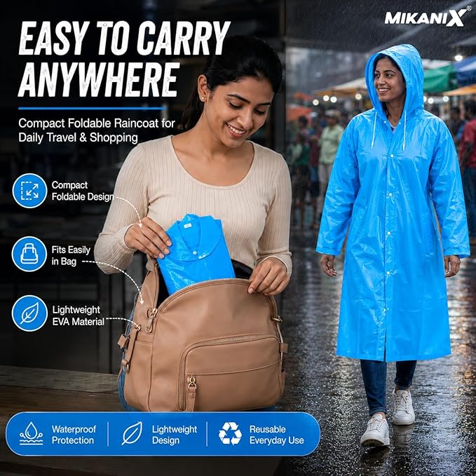 MIKANIX Waterproof Hooded Raincoat for Men & Women | Full Length Reusable PVC Rain Wear | Lightweight Windproof Rain Jacket with Front Button Closure & Pockets
