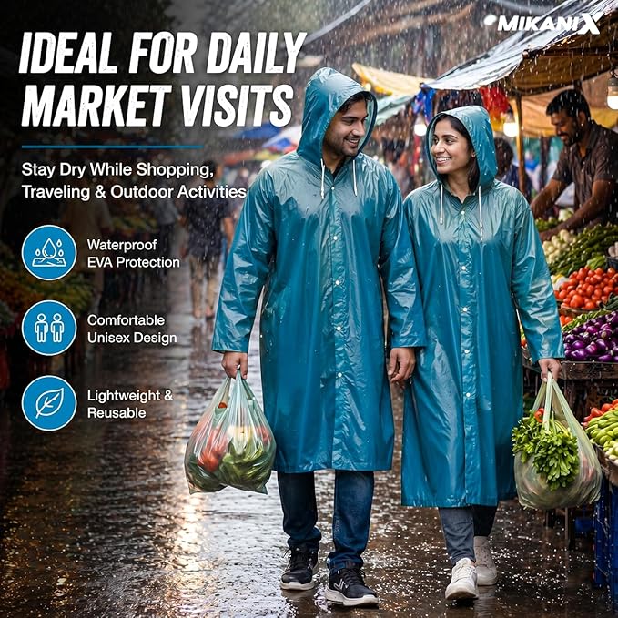 MIKANIX Waterproof Hooded Raincoat for Men & Women | Full Length Reusable PVC Rain Wear | Lightweight Windproof Rain Jacket with Front Button Closure & Pockets