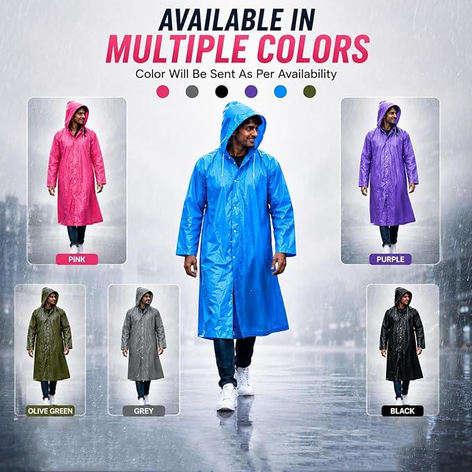 MIKANIX Waterproof Hooded Raincoat for Men & Women | Full Length Reusable PVC Rain Wear | Lightweight Windproof Rain Jacket with Front Button Closure & Pockets