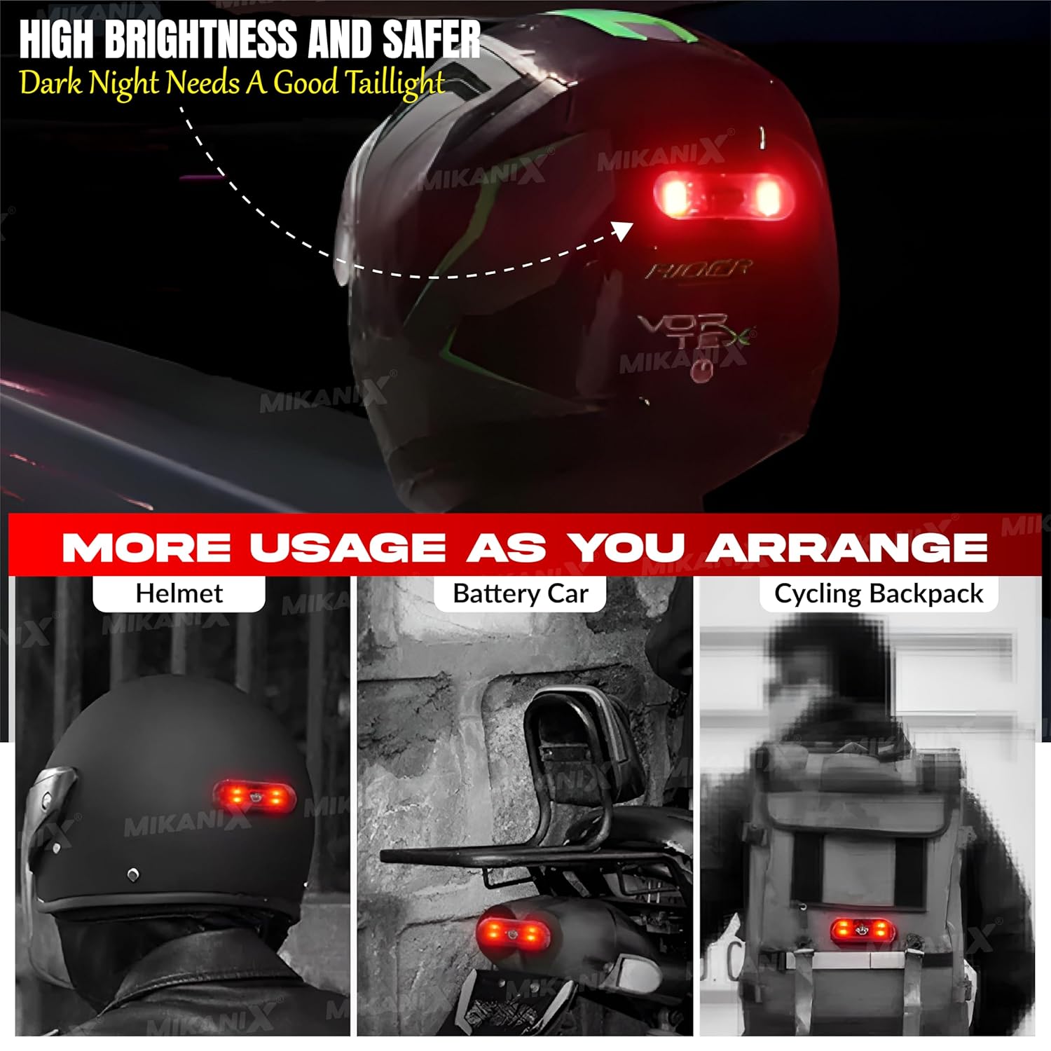 MIKANIX ABS Universal Helmet LED PCR Light with 3 Modes of Flashing