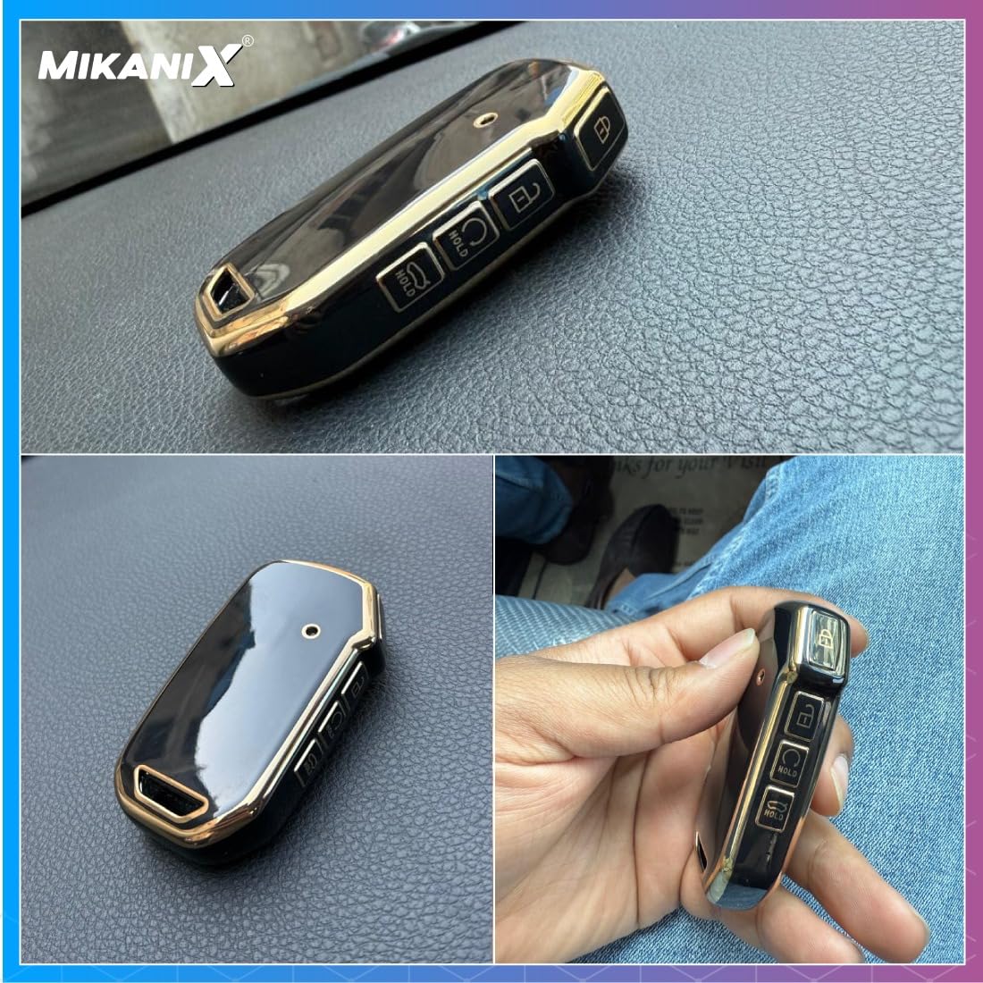 MIKANIX Premium Key Cover Compatible with Kia Seltos, Sonet, and Carens 2023 Onwards Models with a 3-Button flip Key | Elegant Black & Gold Protective Case Shell