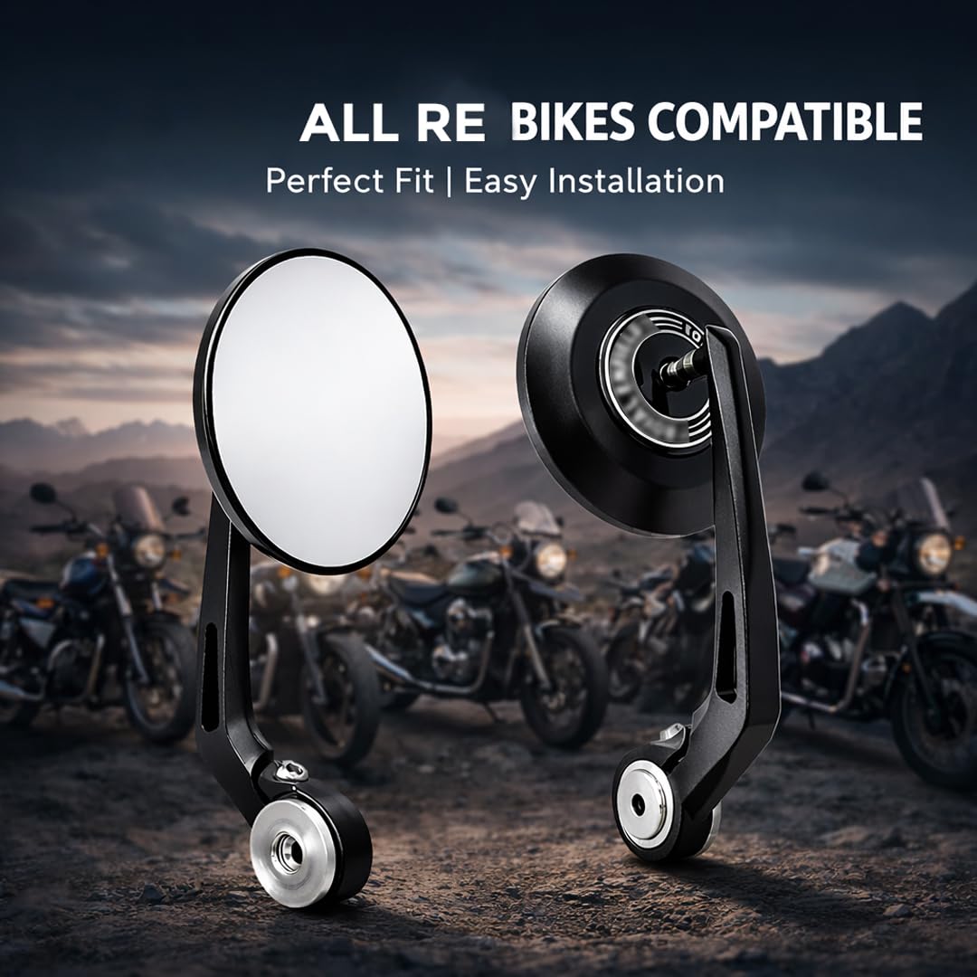MIKANIX Universal Premium Motorcycle Bar End Mirrors | Handlebar End Rear View Side Mirrors with Round Wide Angle Glass | CNC Aluminum | Black (Pair) | Compatible with All RE Bikes