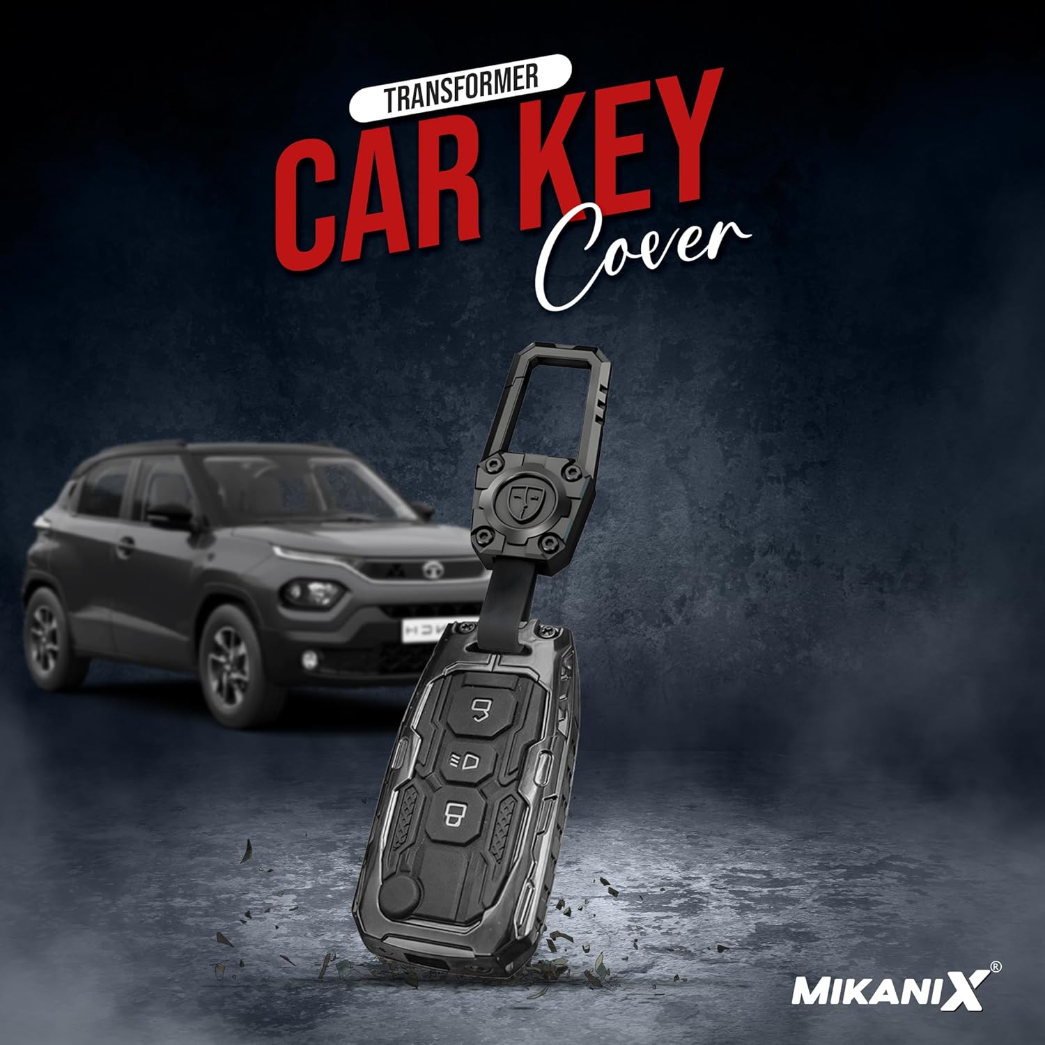 MIKANIX Transformer Series Car Key Cover | Premium Metal Black Soft Silicone Key Shell with Keychain for Tiago, Nexon, Altroz, Curvv, Safari, Storme, Zest, Bolt, Tigor, Punch (Punch)