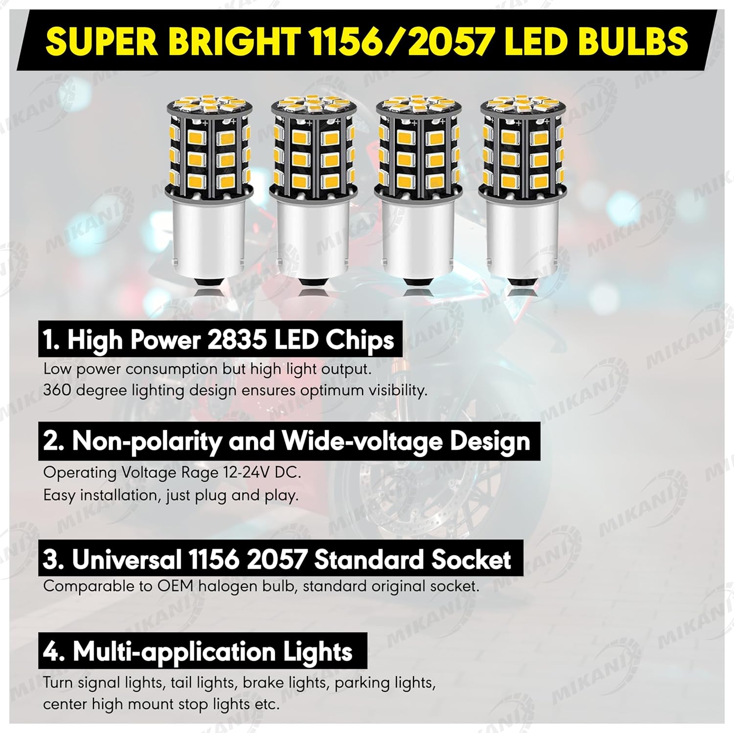 MIKANIX Super Bright Universal 360° Reflecting LED Indicator Bulbs Set of 4 Indicator Light For Bikes And Cars (Cross Pin) Orange