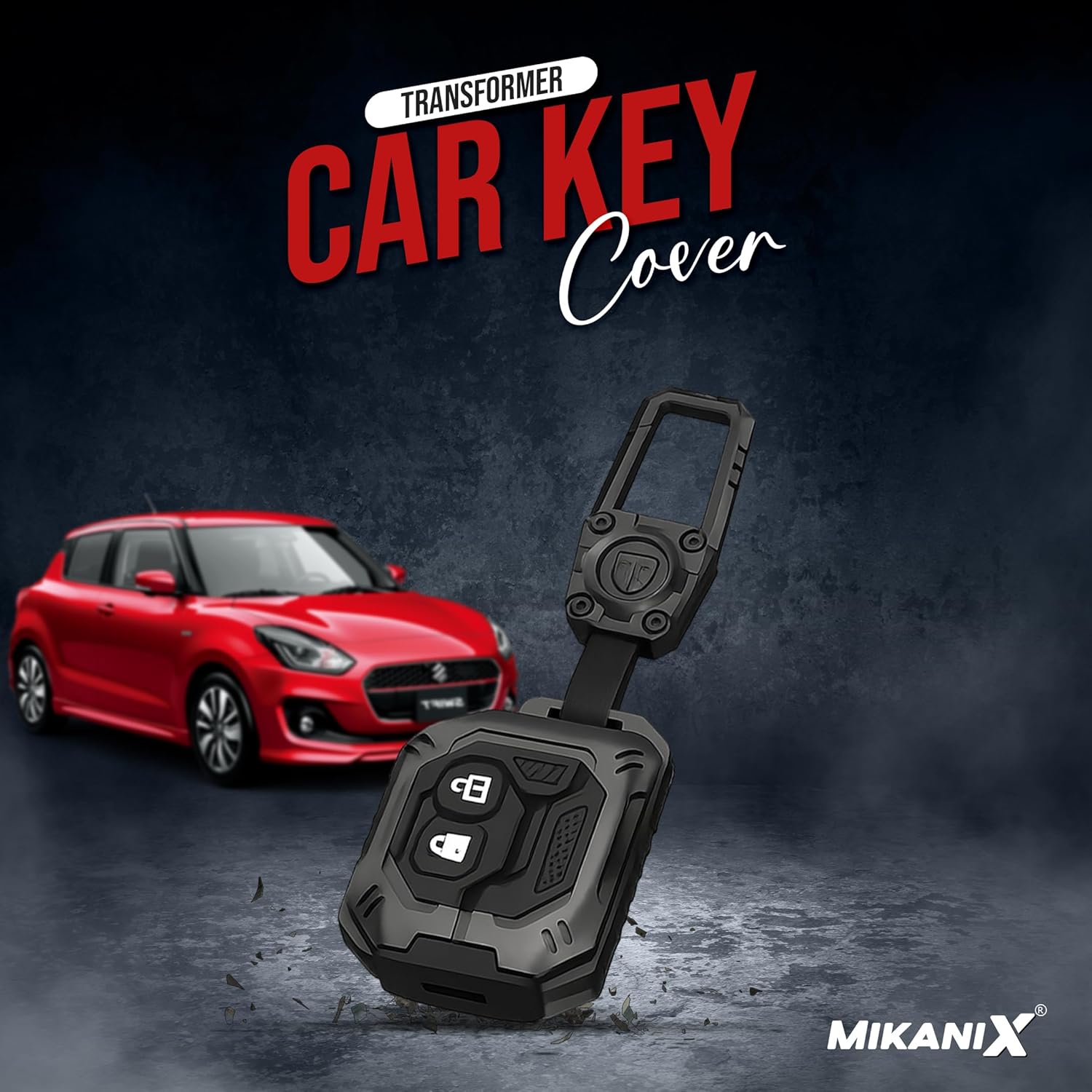 MIKANIX Transformer Series Car Key Cover | Premium Metal Black Soft Silicone Key Shell with Keychain for Swift, Ertiga, WagonR, Celerio, Dzire, Alto, Fronx, Brezza, S-Presso, Ignis (Swift)