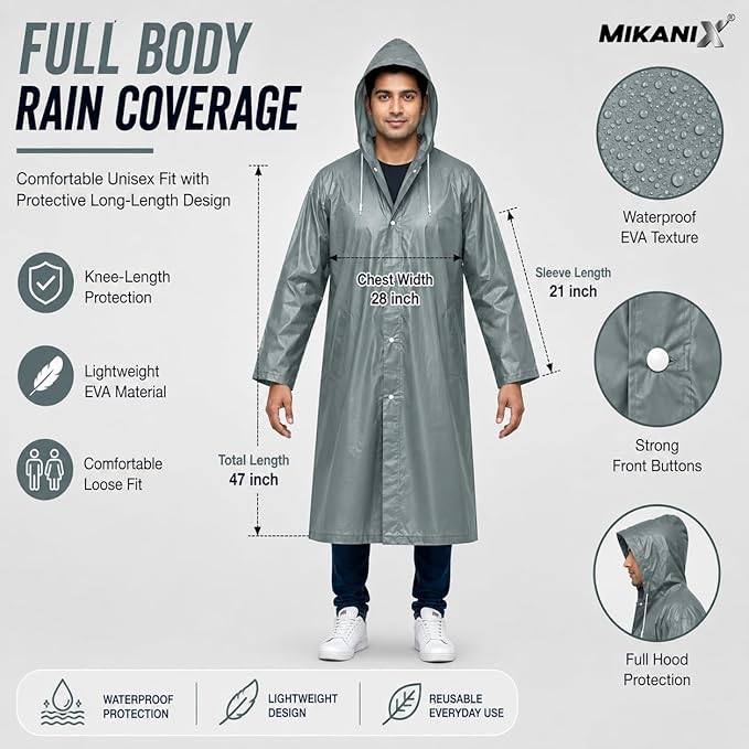 MIKANIX Waterproof Hooded Raincoat for Men & Women | Full Length Reusable PVC Rain Wear | Lightweight Windproof Rain Jacket with Front Button Closure & Pockets