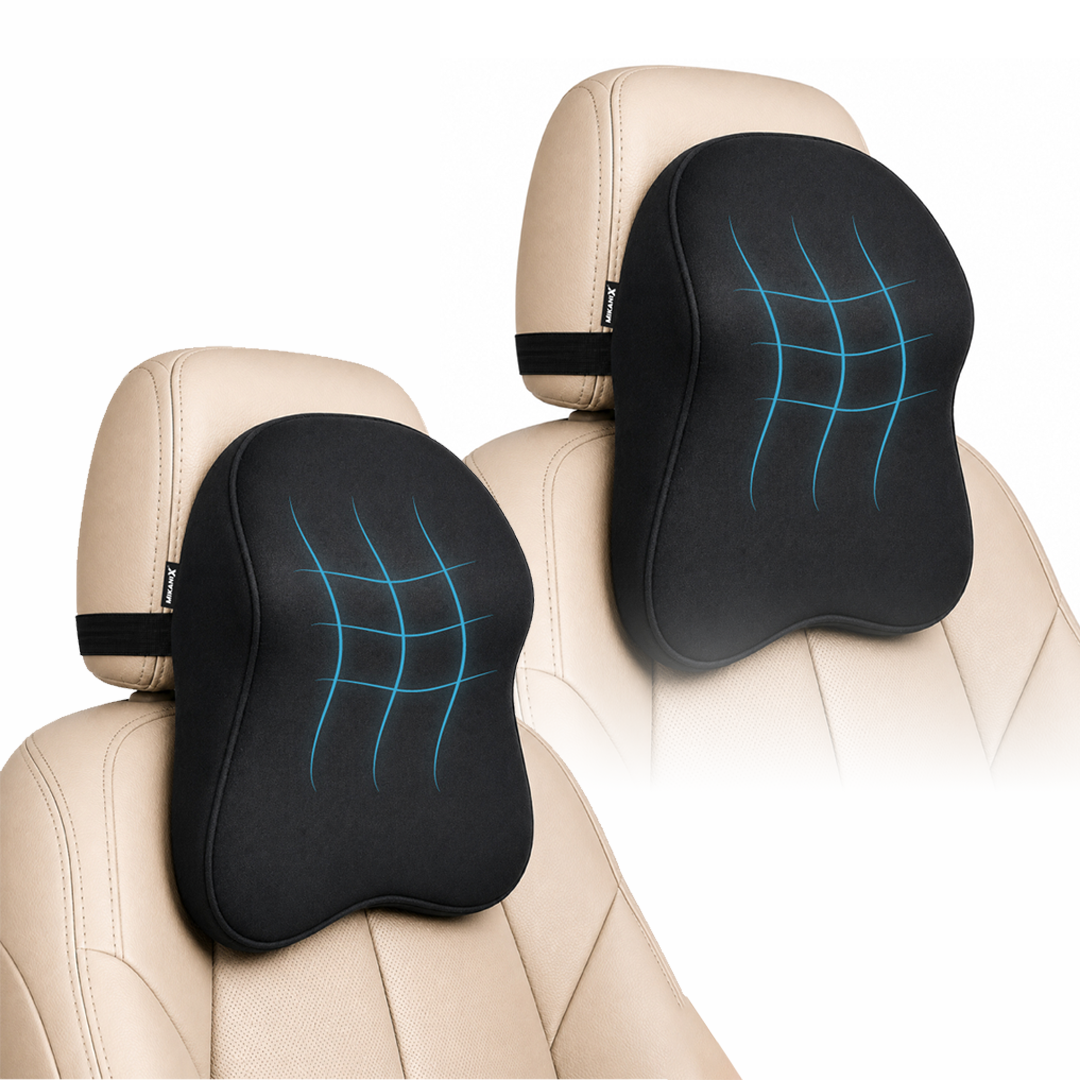 Mikanix Car Neck Rest Pillow | Seat Cushion | 2 Years Warranty | Ultra Soft Memory Foam for Neck and Cervical Support to Relief Neck Pain & Reduced Tension (Velvet Beige (Pack of 1))