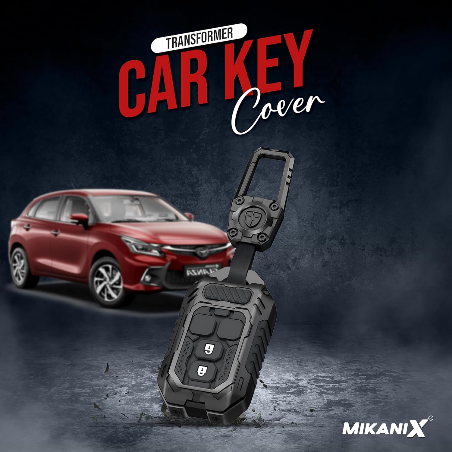 MIKANIX Transformer Series Car Key Cover | Premium Metal Black Soft Silicone Key Shell with Keychain for Grand Vitara, Victoris, Baleno, Fronx, Ignis, Swift, Ertiga, Dezire, Brezza (GLANZA)