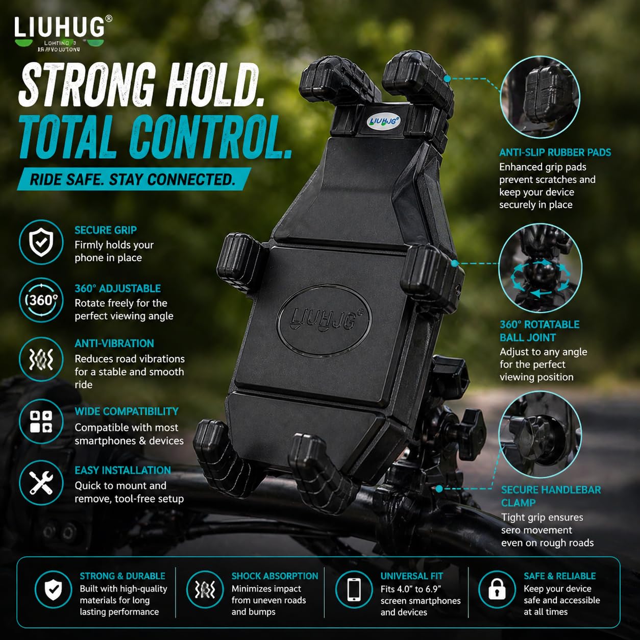 MIKANIX 1 Year Warranty HJG Mobile Holder Stand Adjutable with Handlebar & Mirror Fitting | Anti-Shake Mount | 360° Ball Head Rotation Flexible View Universal for Bike, Bicycles