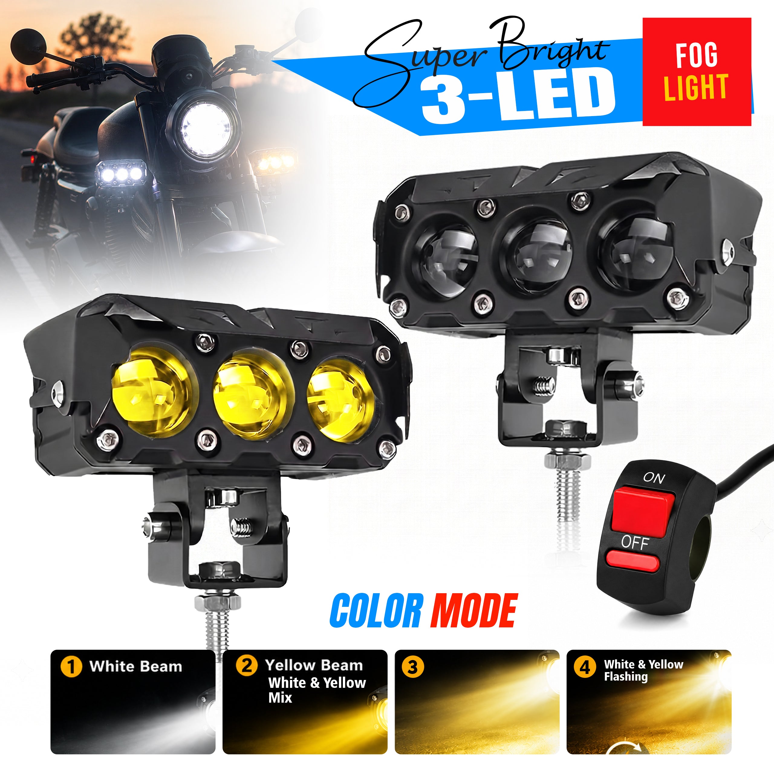 MIKANIX 1 YEAR WARRANTY Super Bright 3 Led Fog Light Lamp | White & Yellow | High/Low Beam | 4 Modes of Flashing Spotlight With Switch Universal for Bikes, Cars, SUVs & Thar