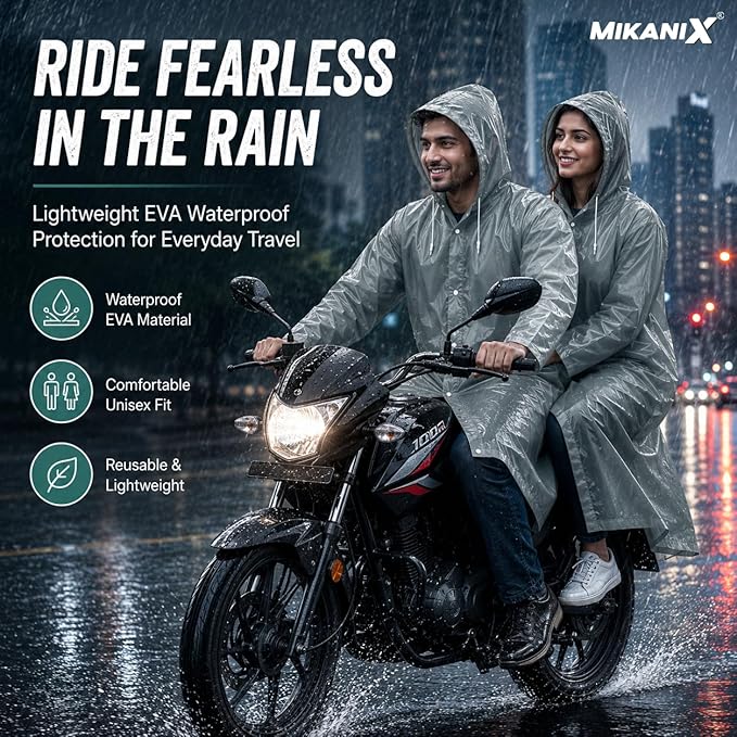 MIKANIX Waterproof Hooded Raincoat for Men & Women | Full Length Reusable PVC Rain Wear | Lightweight Windproof Rain Jacket with Front Button Closure & Pockets